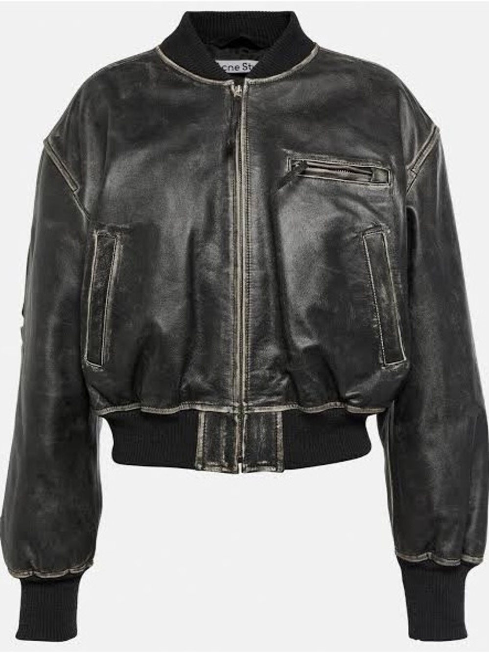 Acne Studios Cropped Distressed Leather Bomber Jacket